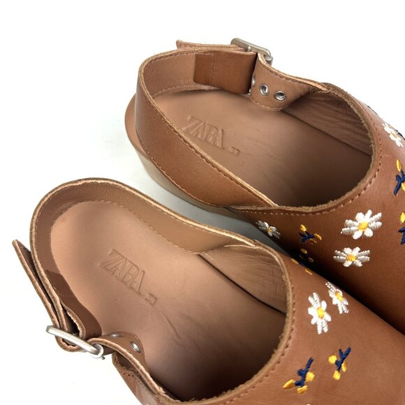 Zara Embroidered Leather and Wooden Clogs Brown Tan Size 38 7.5-8 - Picture 7 of 9